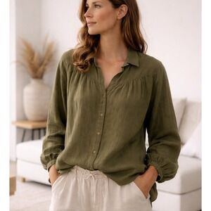 Runaway Bicycle Cotton Silk Poet Blouse Olive Handmade Size S/M $225 Lagenlook